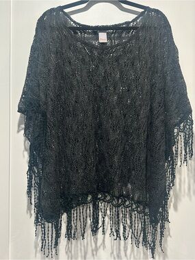 Women's Vintage Dark Grey Crochet and Black Fringe Poncho
